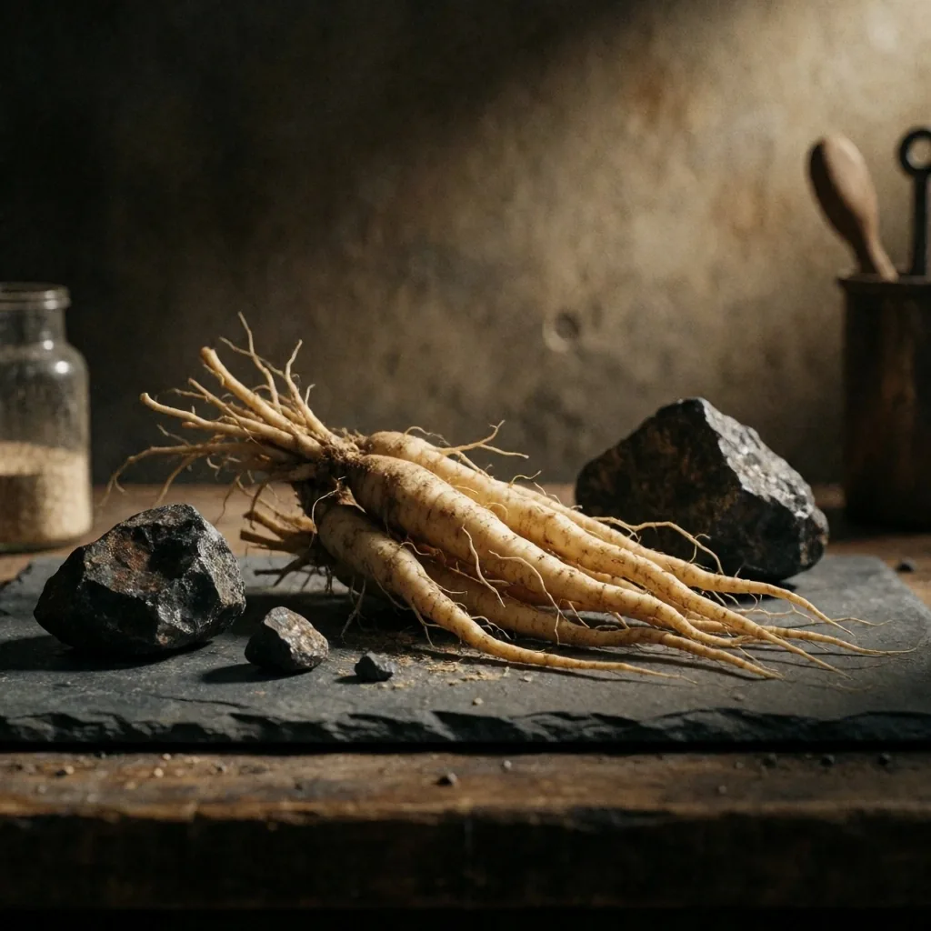 Botanical and mineral specimens on a dark laboratory surface