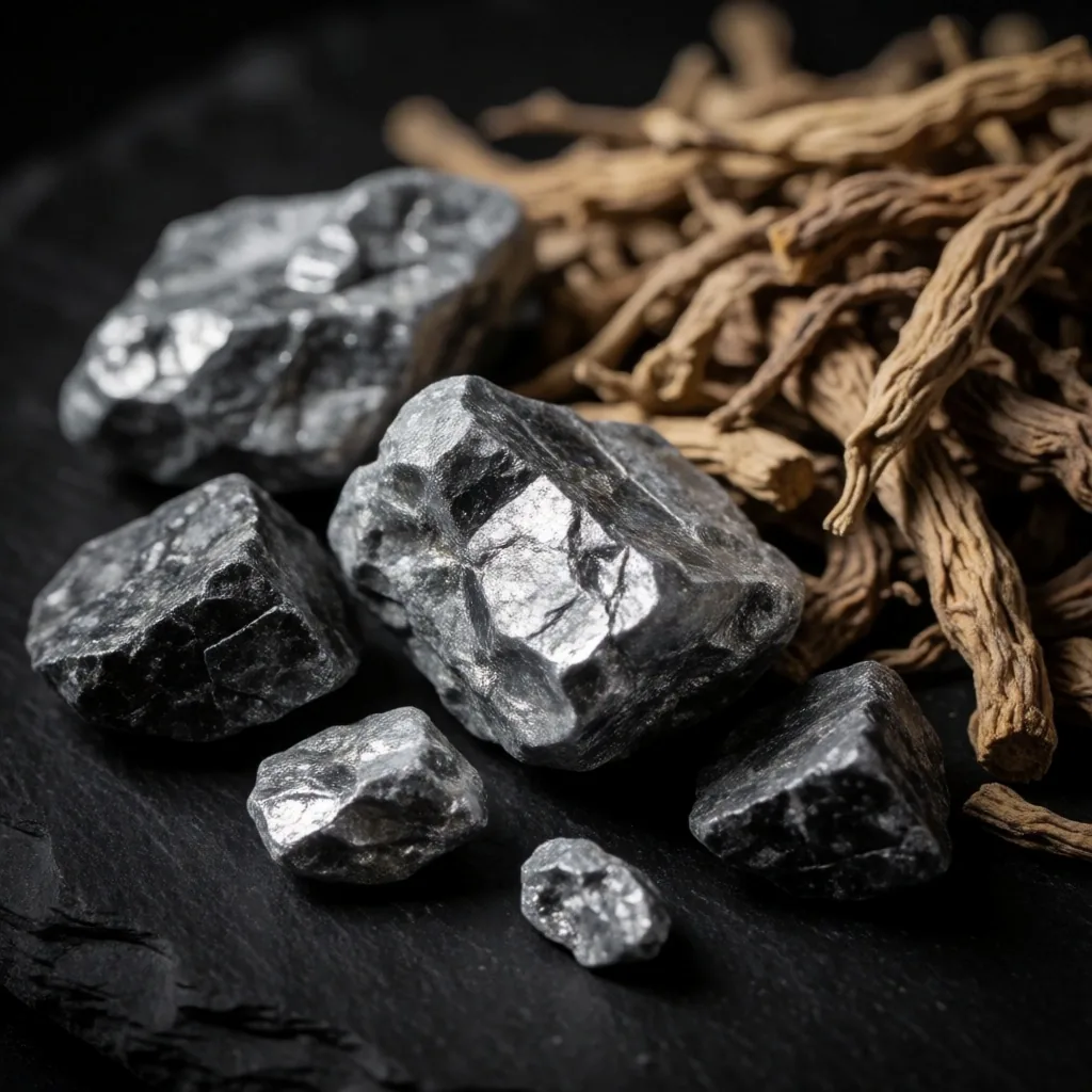 Raw mineral and botanical specimens under archival lighting