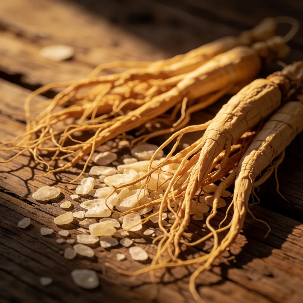 Dried ginseng root and green tea leaves on dark paper