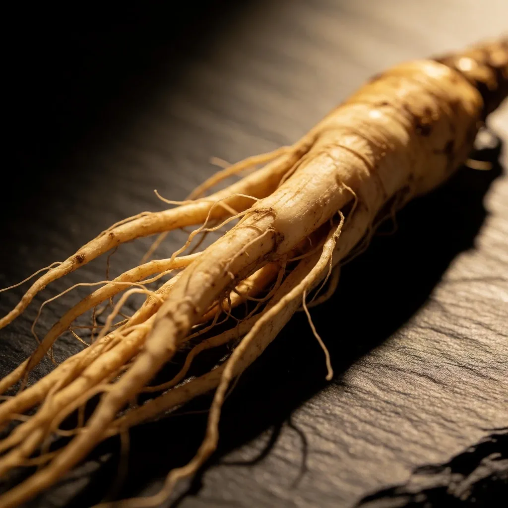Macro photograph of ginseng root on dark surface